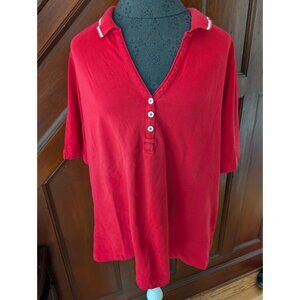 Lands End Womens Red Polo Shirt 1X Short Sleeve Button-Up Collar Casual Top